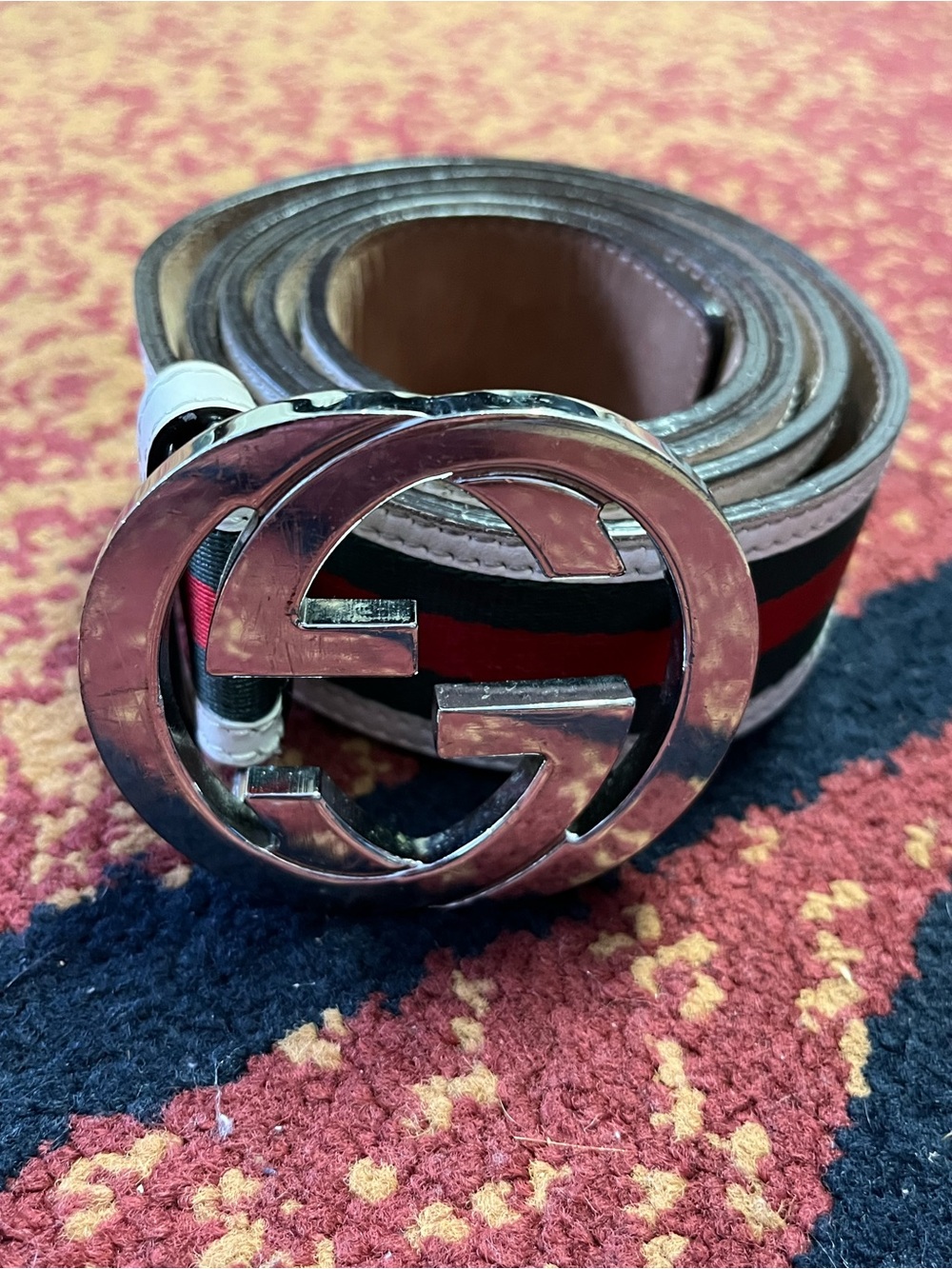 Gucci Stripe White Green Red Web Belt Authentic Silver 36-38 100CM